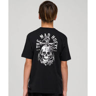 Person wearing a black t-shirt with a skull design and text on the back, on a plain background