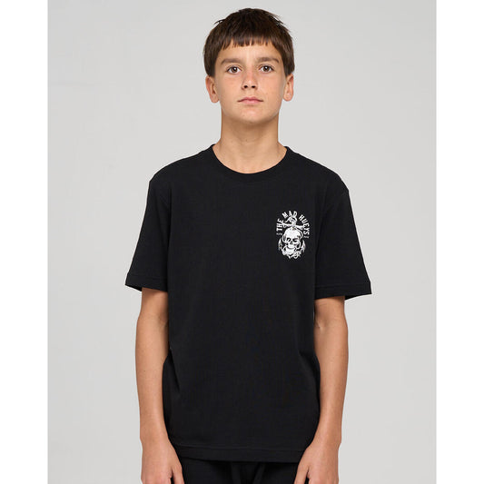 Person wearing a black t-shirt with a white graphic on a gray background