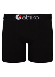 Black boxer briefs with 'ethika' logo on a white background