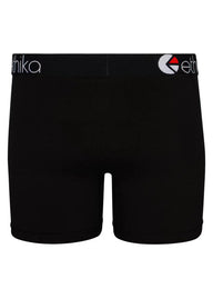 Black boxer briefs with a brand logo on the waistband against a white background