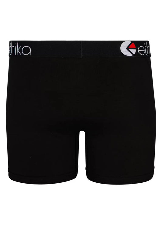 Black boxer briefs with a brand logo on the waistband against a white background