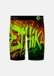 Graffiti-style athletic shorts with 'Ethika' branding on a white background