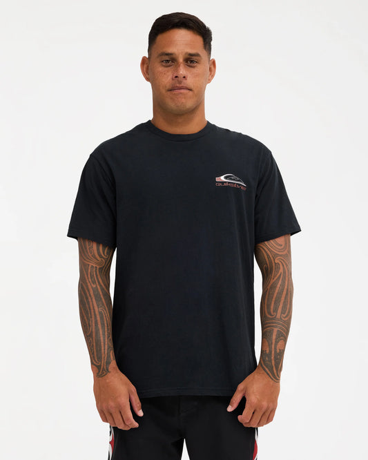 black tee with chest logo and big detailed quiksilver logo on back