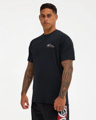 black tee with chest logo and big detailed quiksilver logo on back