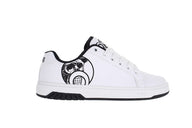 White sneaker with black design on a white background