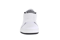 White high-top sneaker with a brand logo on a white background