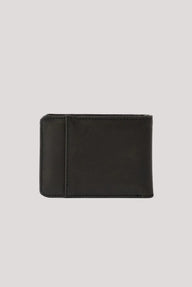 A minimalist black leather bifold wallet shown closed against a solid light gray background.