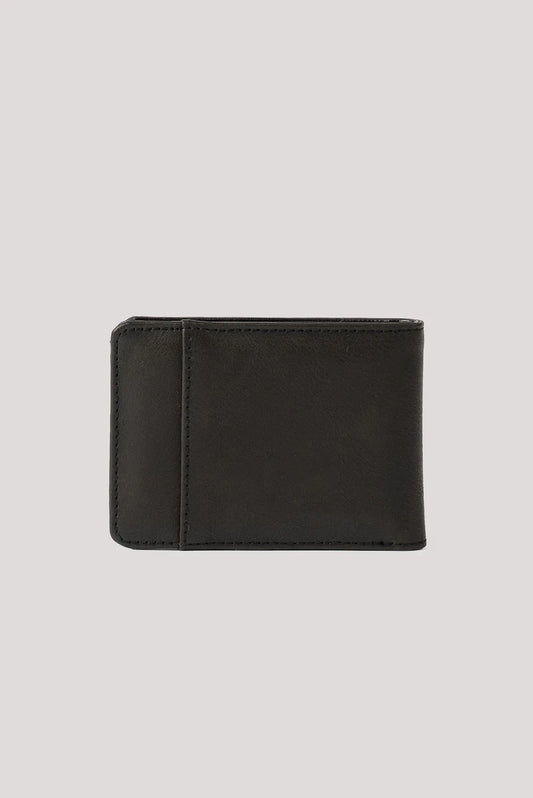 A minimalist black leather bifold wallet shown closed against a solid light gray background.