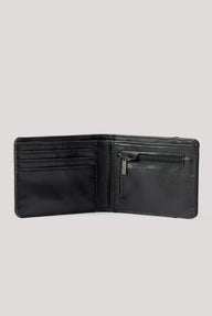 An open black leather bifold wallet with multiple card slots and a zippered pocket on the right side, shown against a solid light gray background.