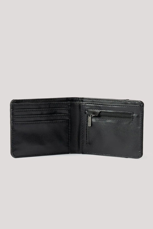 An open black leather bifold wallet with multiple card slots and a zippered pocket on the right side, shown against a solid light gray background.