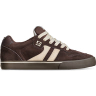 Brown sneaker with white stripes and laces on a white background
