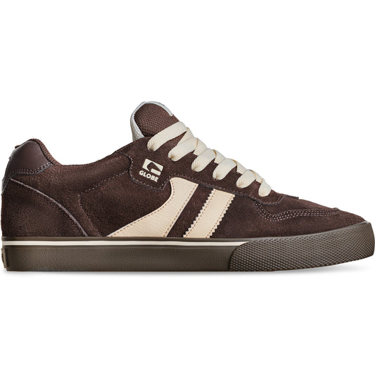 Brown sneaker with white stripes and laces on a white background