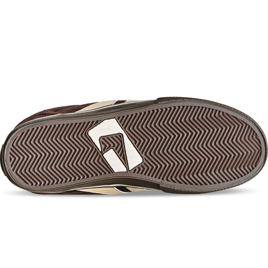 Close-up of a shoe sole with a brand logo on a white background