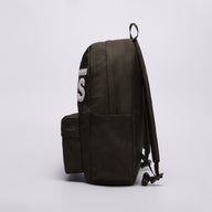 Black backpack with a logo on a light gray background