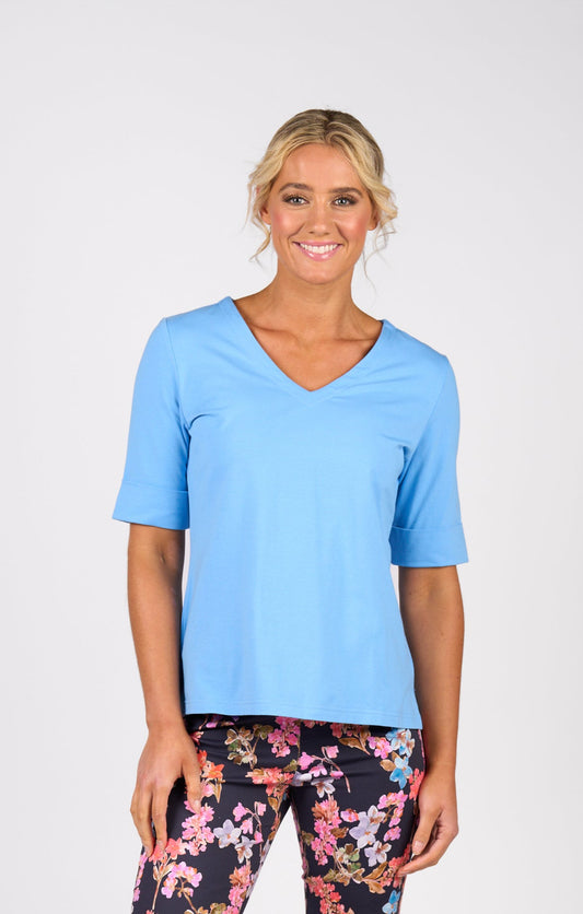 Vassalli V-Neck Top with Cuffed Sleeve