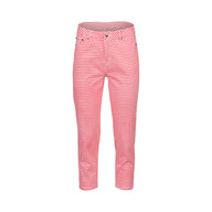 Vassalli Printed Lightweight Skinny Leg 7/8 Length Pant in red gigham with white background