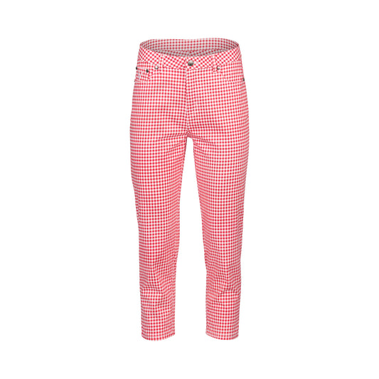 Vassalli Printed Lightweight Skinny Leg 7/8 Length Pant in red gigham with white background