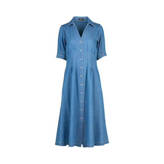 Vassalli Shaped Blue denim dress on a white background