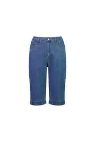 Vassalli Blue denim capri pants on a white background