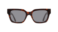 Sunglasses with tortoiseshell frame and dark lenses on a white background