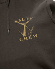 Dark hoodie with 'Salty Crew' logo in gold on a dark background