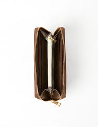 Brown wallet with gold zipper on a white background