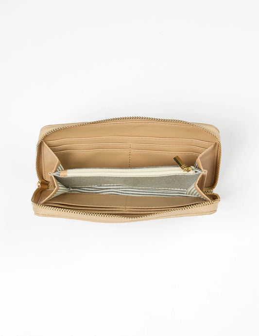 Beige wallet open on a white background