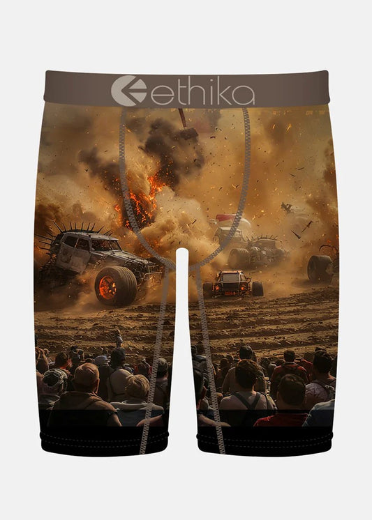 Boxer briefs with a graphic design of a monster truck event and 'ethika' branding.