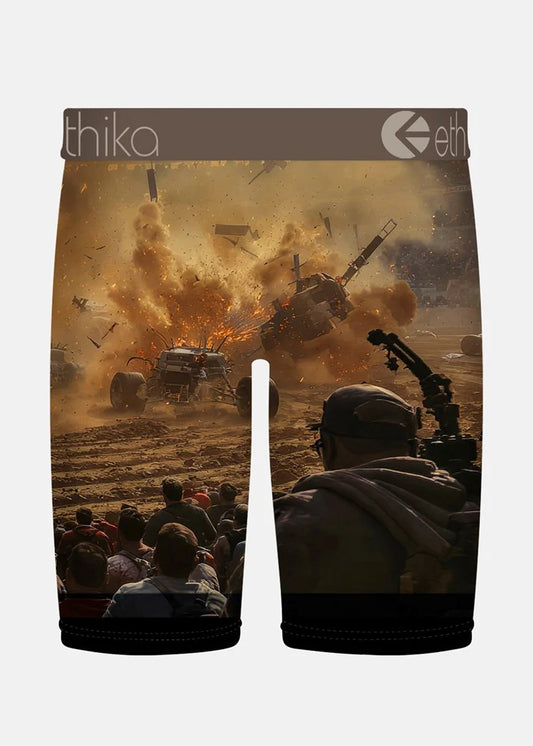 Underwear with a graphic design of military vehicles and explosions on a white background