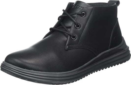 Black leather boot with laces on a white background