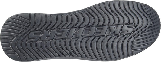 Close-up of a Skechers shoe sole with brand name.