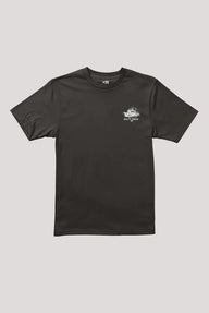 Black t-shirt with a small logo on a light gray background