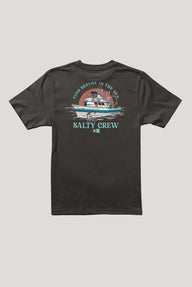 Black t-shirt with a graphic design on a gray background