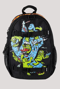 Black backpack with colorful cartoon character design on a gray background