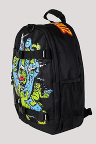Black backpack with colorful cartoon designs on a gray background