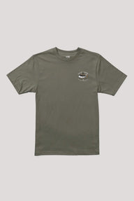An olive green short-sleeve crewneck t-shirt with a small graphic print on the left chest, displayed flat against a light gray background.