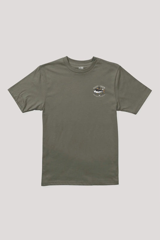 An olive green short-sleeve crewneck t-shirt with a small graphic print on the left chest, displayed flat against a light gray background.