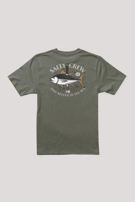An olive green short-sleeve t-shirt with a graphic print on the back featuring a tuna fish and the text 'SALTY CREW' and 'FIND REFUGE IN THE SEA', displayed on a neutral light gray background.