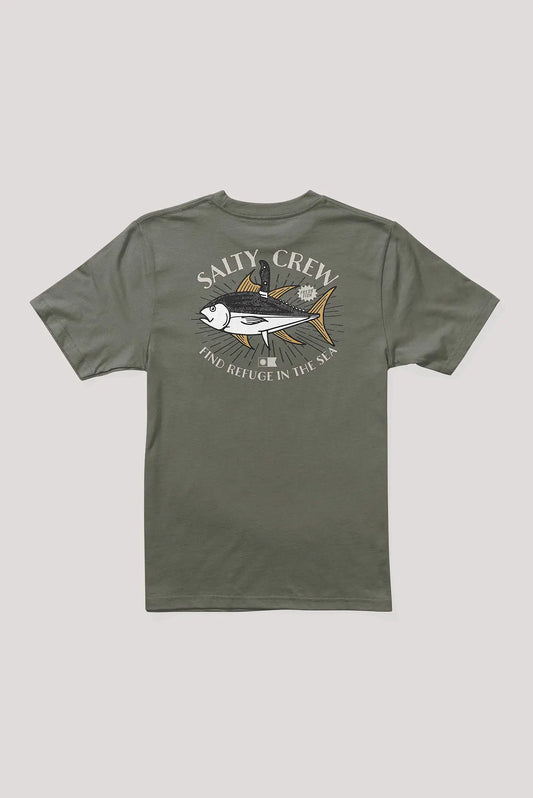 An olive green short-sleeve t-shirt with a graphic print on the back featuring a tuna fish and the text 'SALTY CREW' and 'FIND REFUGE IN THE SEA', displayed on a neutral light gray background.