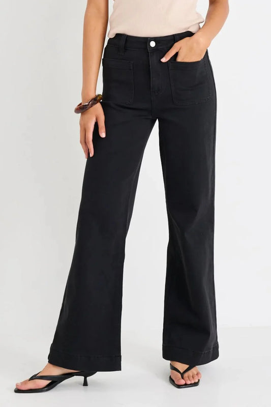 Among The Brave Zoey Black Petite High Rise Wide Leg Pocket Jean