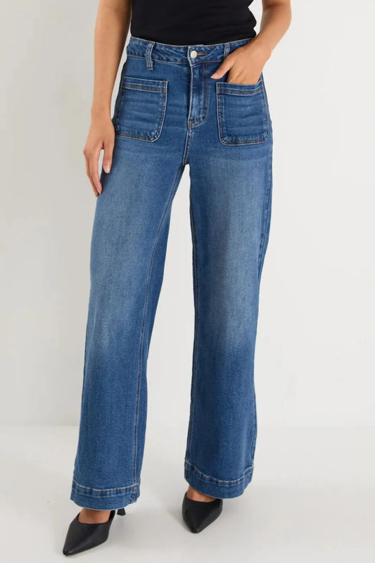 Among The Brave Zoey Marine Blue Petite High Rise Wide Leg Pocket Jean