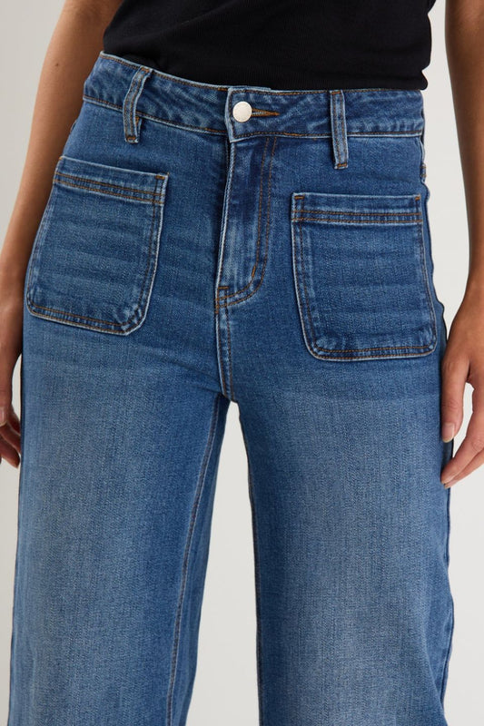 Among The Brave Zoey Marine Blue Petite High Rise Wide Leg Pocket Jean